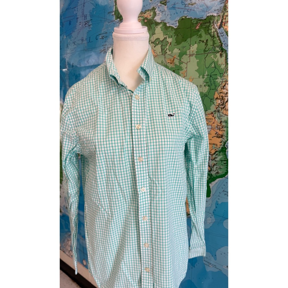 Vineyard Vines Boys XL 18 Gingham Whale Shirt Teal White Button Down 3W1130